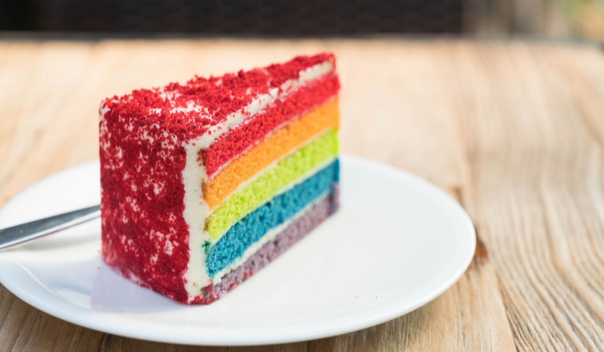 A picture of a rainbow cake celebrating Pride Month