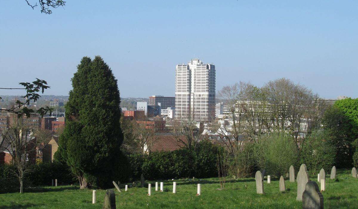 Swindon cemetery and a tower block